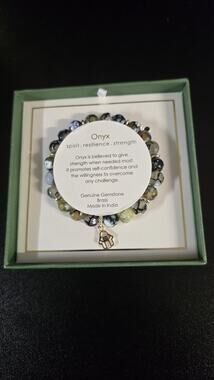 Green Onyx Gemstone Bracelet W/ Hamsa Charm Genuine Brass Shivam Made In India
